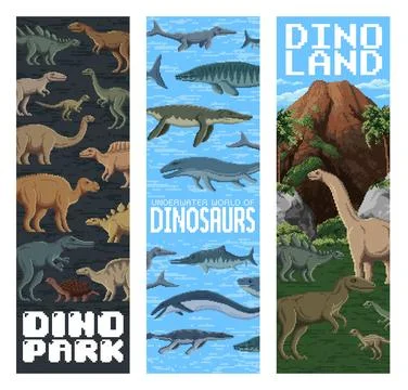 8 Bit pixel dinosaurs park, dino world banners Stock Illustration