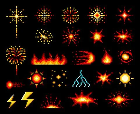 8 bit pixel fire flames, explosion and fireballs イラスト素材