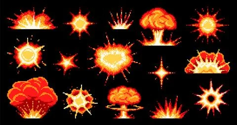 8 bit pixel game bomb blast and fire explosion Stock Illustration