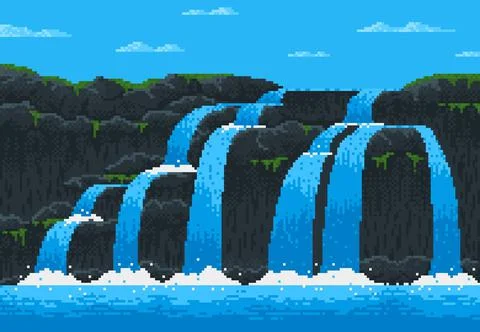 8 bit pixel game waterfall cascade landscape level イラスト素材