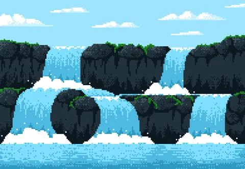 8 bit pixel game waterfall cascade landscape, rock Stock Illustration