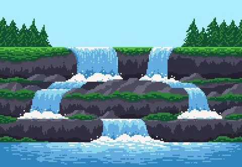 8 bit pixel game waterfall cascade level landscape Stock Illustration