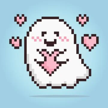 8 bit Pixel ghost. Cute flying ghost hugging a love in vector illustration Illustrazione stock