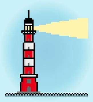 8 bit pixel lighthouse, in vertical view. for game assets and cross stitch Illustrazione stock