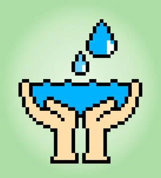 8 bit pixel logo save water. Symbol hand holding a water in vector Stock Illustration