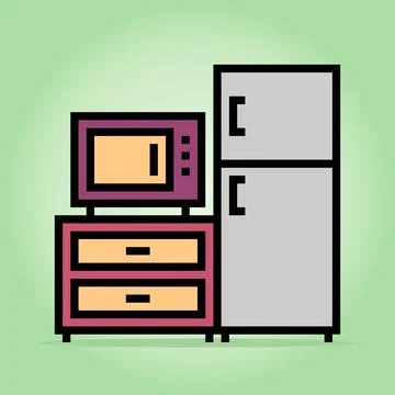 8 bit pixel Microwave, refrigerator and desk in vector illustrations Stock Illustration