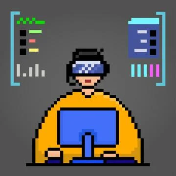 8 bit pixel modern technology, virtual reality connected to computer. Illustrazione stock