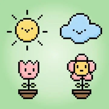 8 bit pixel of nature set, sun, cloud, tulip, flower for game assets 스톡 일러스트