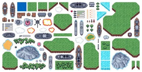 8 bit pixel navy game asset, sea battle and fight Illustrazione stock