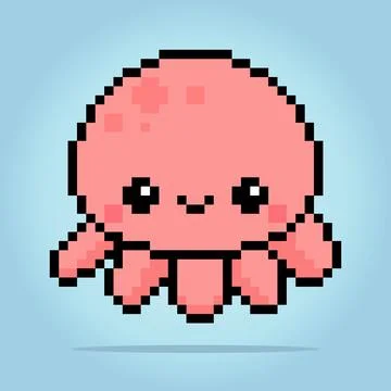 8 bit pixel of octopus. Animal for game assets and cross stitch patterns Stock Illustration