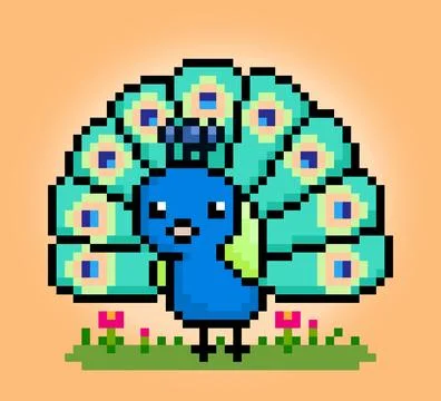 8 bit Pixel peacock bird. Animal game assets in vector illustration. 스톡 일러스트