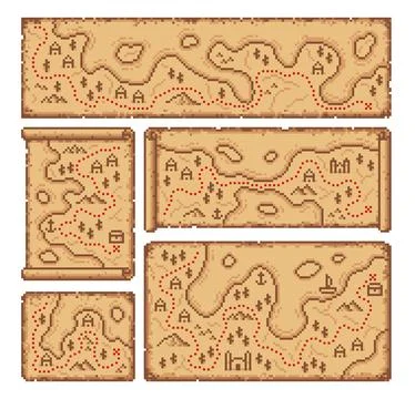 8 bit pixel pirate treasure map, paper manuscript Stock Illustration