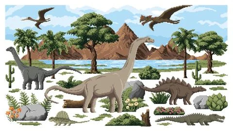 8 bit pixel prehistoric dinosaurs, arcade game Stock Illustration