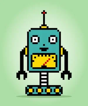 8 bit pixel robot in vector illustrations for game assets. Stock Illustration