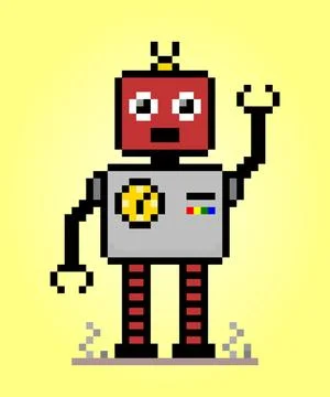 8 bit pixel robot in vector illustrations for game assets. Stock Illustration