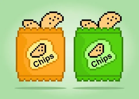 8 -bit pixel snacks. Packaging foods, chips potato for game assets in vector Illustrazione stock
