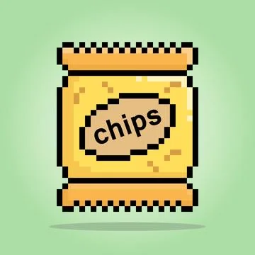 8 -bit pixel snacks. Packaging foods, chips potato for game assets in vector Stock Illustration