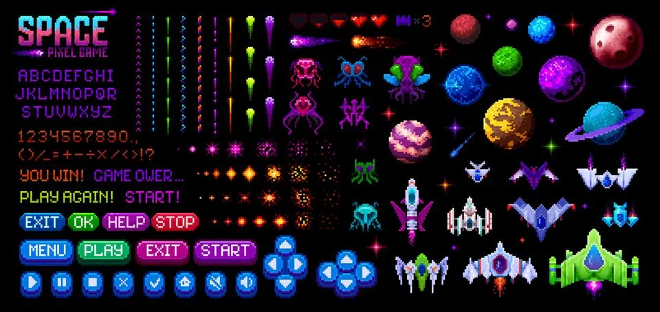 8 bit pixel space arcade video game interface Stock Illustration