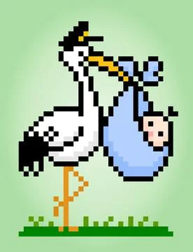 8 bit pixel of a stork carries baby with bags , Animal pixel for game assets Stock Illustration