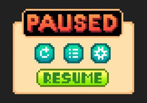 8-bit pixel text, game pause menu. Background icon for game assets Illustrazione stock