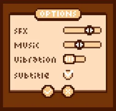 8-bit pixel text, game option menu. Background icon for game assets Stock Illustration