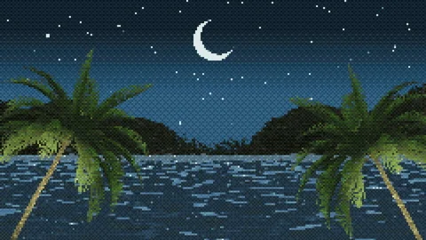 8-bit pixel tropical background with a panorama of a tropical island Stock Footage 342124999