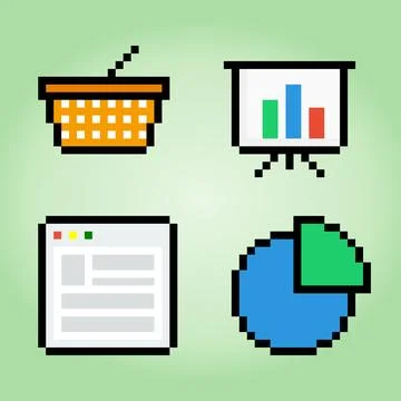 8-bit pixel, UI symbol icon. Basket, graph, note symbols and partition Stock Illustration