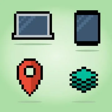 8-bit pixel, UI symbol icon. notebook, smartphone, pin and layer icon Stock Illustration