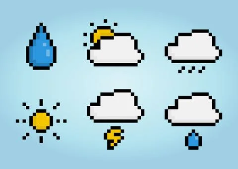 8-bit pixel, UI weather symbol icon. Water icons, cloudy, rain, bright Stock Illustration