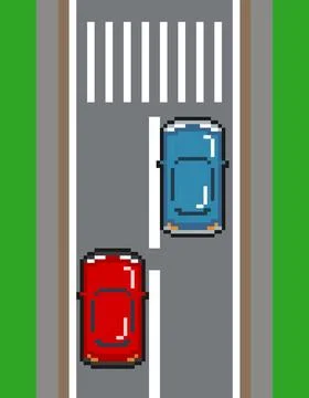 8 bit pixel vertical road with two cars. Illustration of Traffic Road Vector Stock Illustration