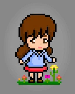 8 bit of pixel women's character. Pixel School girl in vector illustrations Stock Illustration