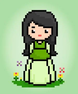 8 bit of pixel women's character. Anime cartoon girl in vector illustration Stock Illustration