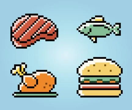 8 Bit Pixels collection food, roast beef, roasted chicken, fish, and burger Stock Illustration