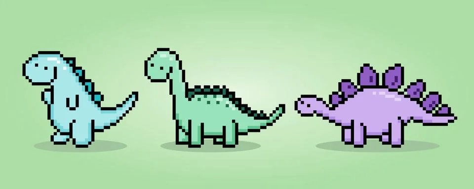 8 bit pixels dinosaur T-Rex, Brontosaurus, and Stegosaurus Stock Illustration