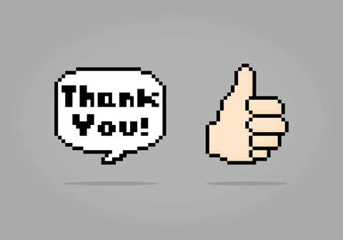 8 bit pixels of speech bubble thank you and hand thumb up. Stock Illustration