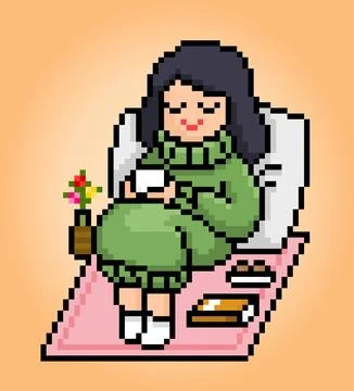 8-bit pixels the theme hygge. The cartoon of women sitting relaxing Stock Illustration