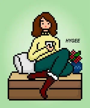 8-bit pixels the theme hygge. The cartoon of women sitting relaxing Illustrazione stock