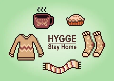 8-bit pixels the theme hygge. The tools for relaxing in vector illustrations. Stock Illustration