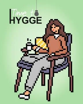 8-bit pixels the theme hygge. The cartoon of women sitting relaxing Stock Illustration