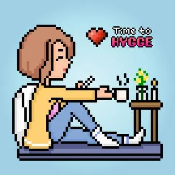 8-bit pixels the theme hygge. The cartoon of women sitting relaxing 스톡 일러스트