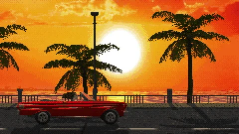 8-bit red convertible driving against a backdrop of sunset, sea and palm trees Stock Footage 320100087