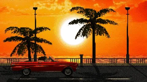 8-bit red convertible driving against a backdrop of sunset, sea and palm trees Stock Illustration