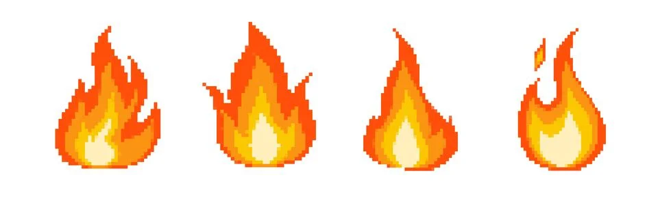 8 bit retro game fire icons. Pixel flame vector icons. Stock Illustration