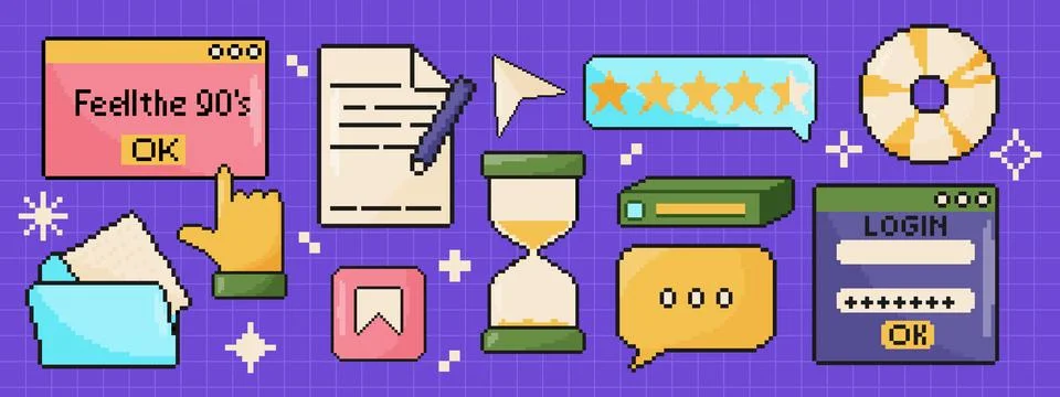 8 bit retro pc element window set. Pixel art objects. Old school computer g.. イラスト素材