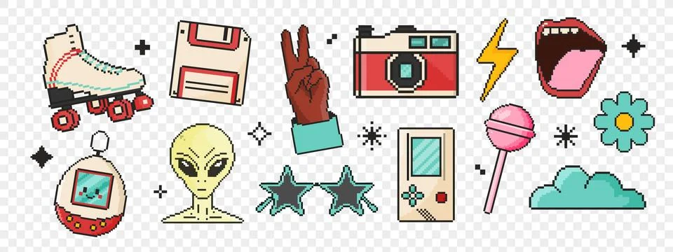 8 bit retro y2k elements icon set. Pixel art object. Old school vintage gam.. Illustrazione stock