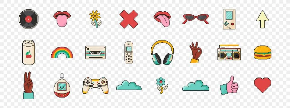8 bit retro y2k elements icon set. Pixel art object. Old school computer gr.. 스톡 일러스트