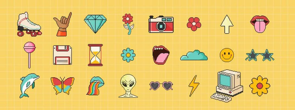 8 bit retro y2k elements icon set. Pixel art object. Old school vintage gam.. Illustrazione stock