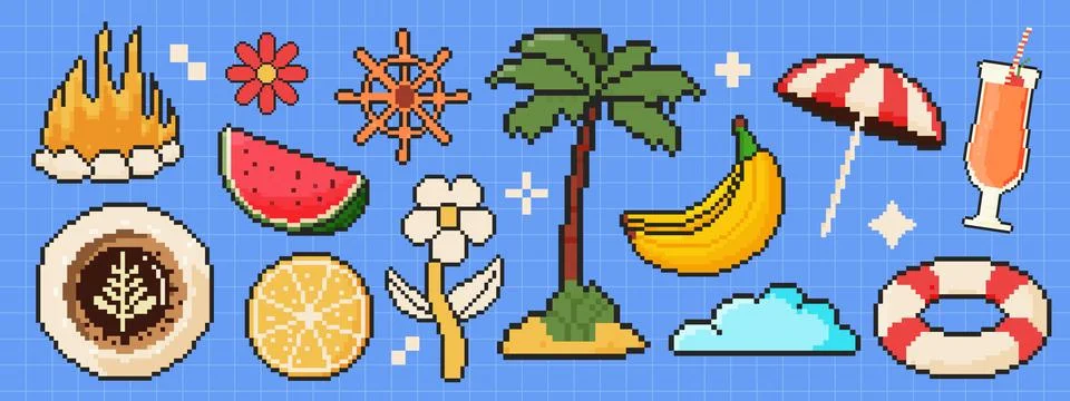 8 bit summer icon set. Pixel art object. Retro 80s,90s video game graphics. B 스톡 일러스트