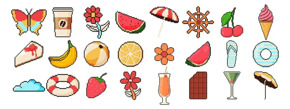 8 bit summer icon set. Pixel art object. Old school computer graphic style... Stock Illustration