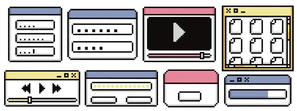 8 bit window designs with pixel frame ui elements Illustrazione stock